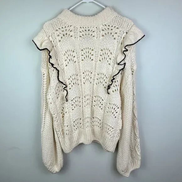 En Saison Anthropologie Dee Ruffled Sweater Cream Balloon Sleeve Pointelle S EUC - Picture 4 of 14